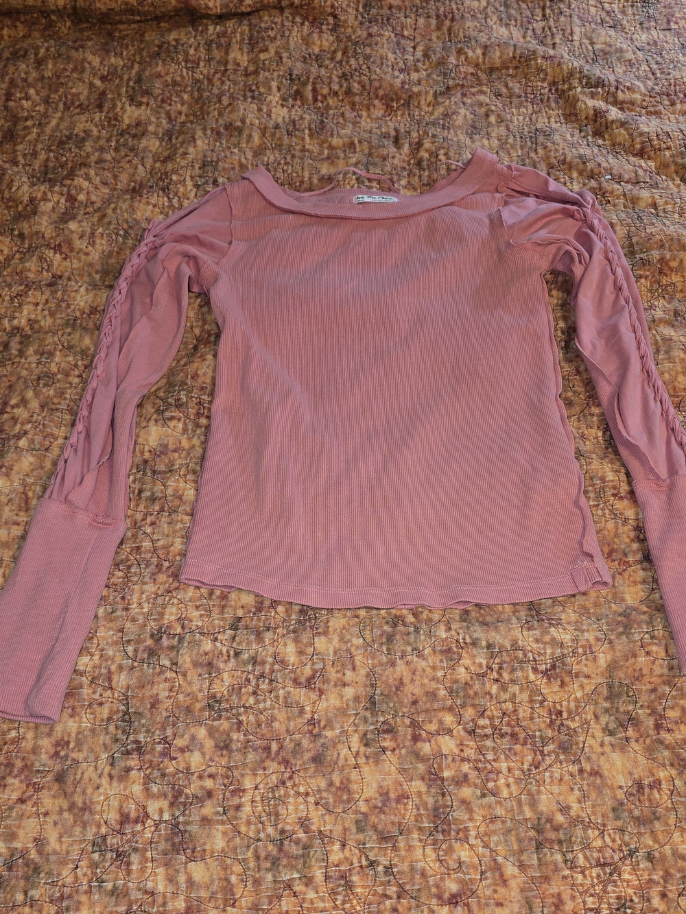 We The Free Free People Daisy Braided Ribbed Knit Long Sleeve Top Coral Pink S